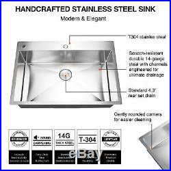Single Basin Top Mount Kitchen Sink 14 Gauges 304 Stainless Steel 33 x 22 x 9