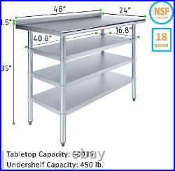 Stainless Steel Metal Work Table with 1.5 Backsplash and 3 Shelves