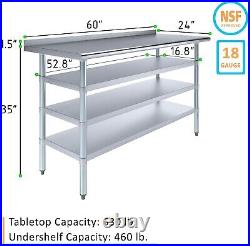 Stainless Steel Metal Work Table with 1.5 Backsplash and 3 Shelves