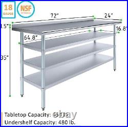 Stainless Steel Metal Work Table with 1.5 Backsplash and 3 Shelves