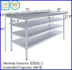 Stainless Steel Metal Work Table with 1.5 Backsplash and 3 Shelves