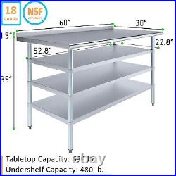 Stainless Steel Metal Work Table with 1.5 Backsplash and 3 Shelves