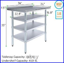 Stainless Steel Metal Work Table with 1.5 Backsplash and 3 Shelves