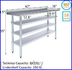 Stainless Steel Metal Work Table with 1.5 Backsplash and 3 Shelves