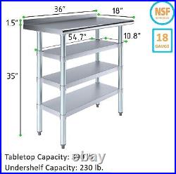 Stainless Steel Metal Work Table with 1.5 Backsplash and 3 Shelves