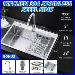 Top Mount Stainless Steel Kitchen Sink 2-Hole Handmade 16 Gauge Drain 29.5 inch