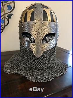 Viking Helmet Vendal SCA LARP 16 gauge steel and brass Helmet With Chainmail