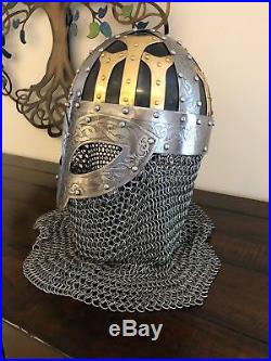 Viking Helmet Vendal SCA LARP 16 gauge steel and brass Helmet With Chainmail