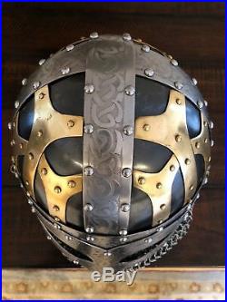 Viking Helmet Vendal SCA LARP 16 gauge steel and brass Helmet With Chainmail